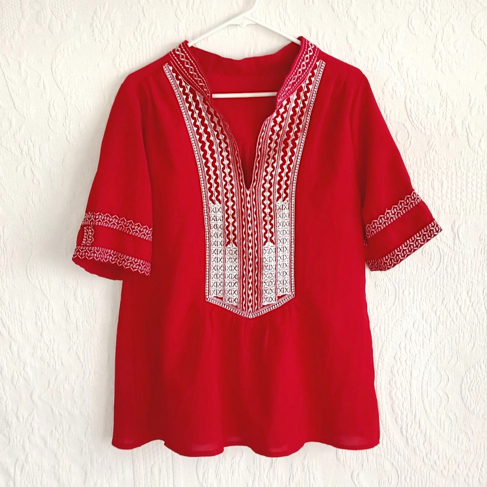 Red Embroidered Tunic Colorful Kurti Blouse Boxy Boho Short Sleeve Festival MED